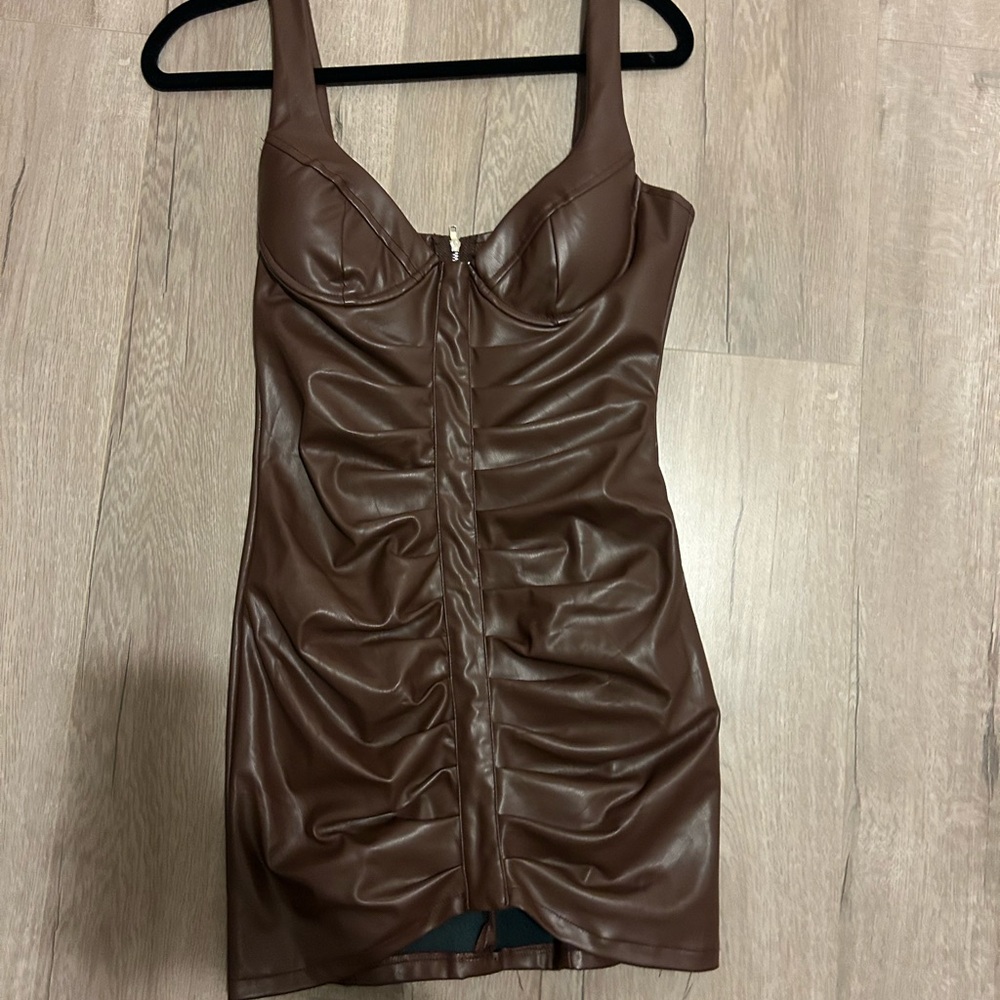 Fashion Nova Chocolate Brown Faux Leather Dress